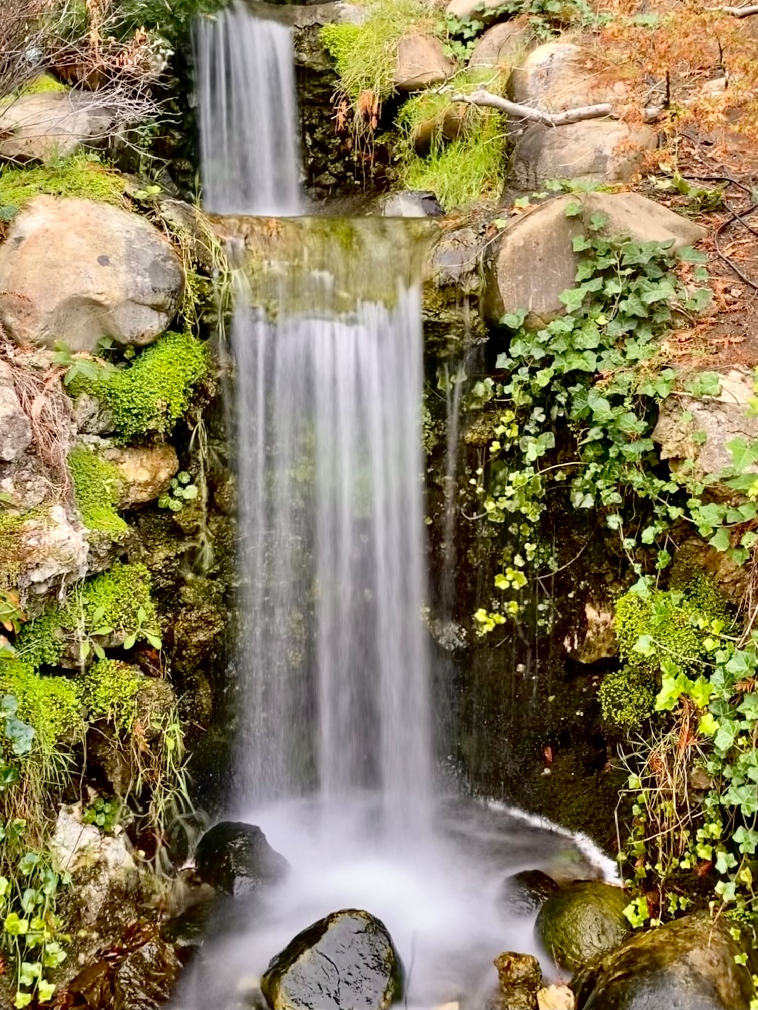 Small waterfall photographed while hiking at Hakone Gardens in Saratoga by Cindy Tucey Photography