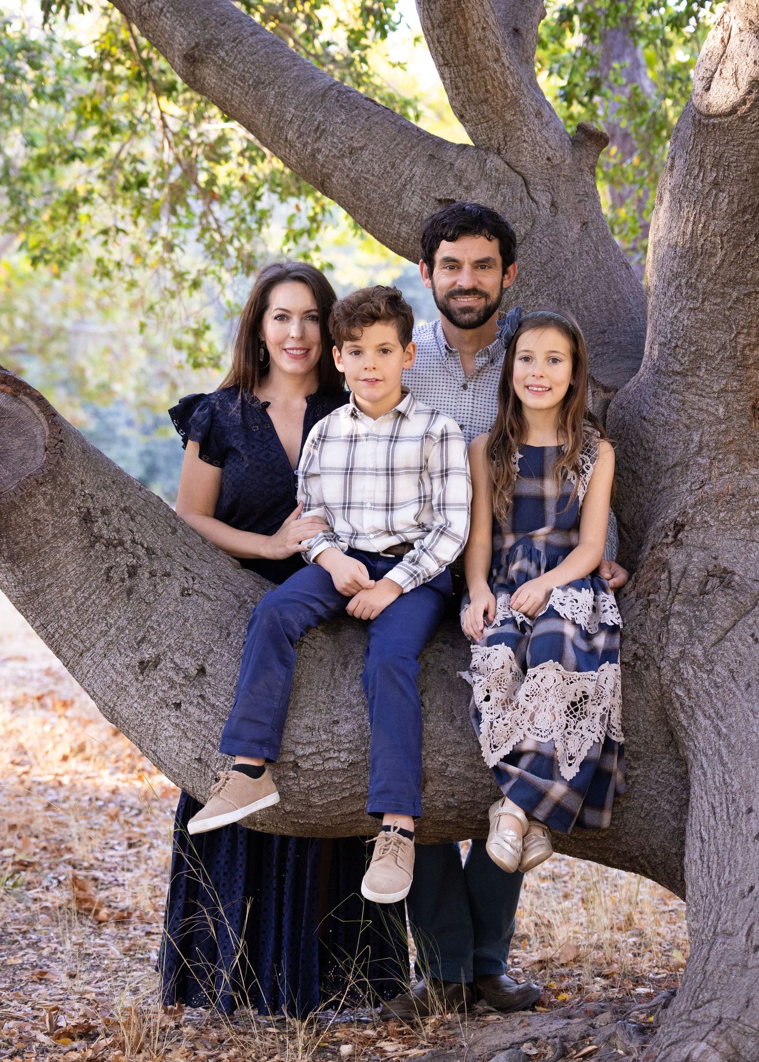 Family of 4 poses near a tree in Vasona