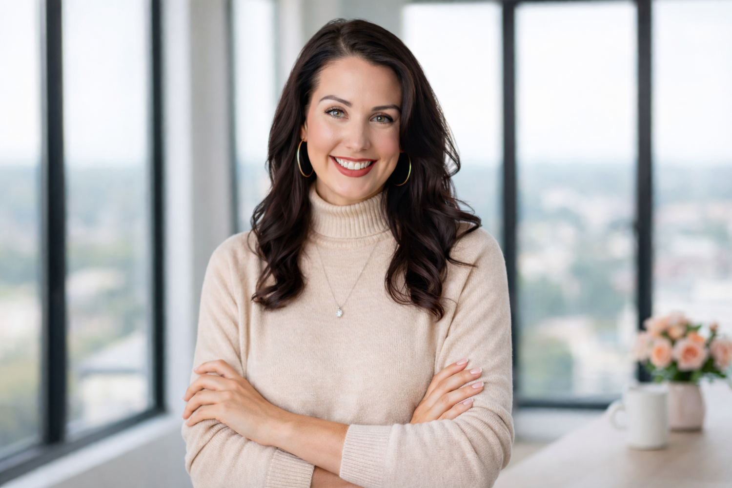 Professional headshot of someone in a beige turtleneck sweater smiling warmly against a bright modern office background.