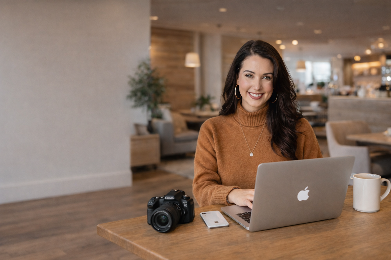 Professional working on laptop computer at modern office desk with coffee cup and natural lighting.