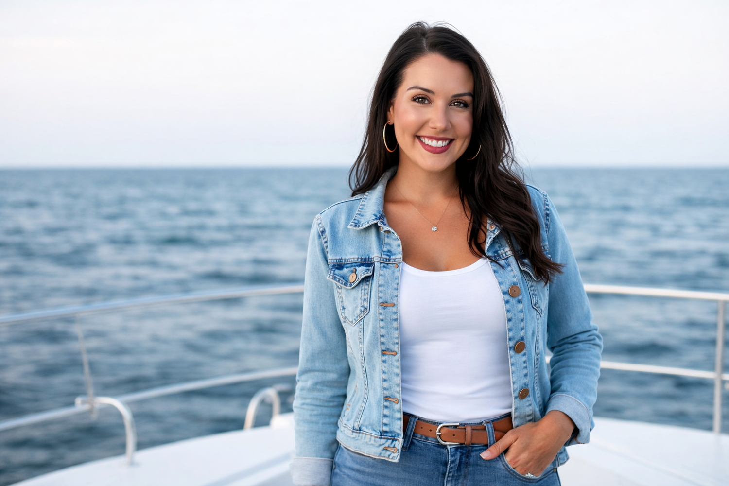 Woman in denim jacket smiles while enjoying a sunny day on a boat at sea.