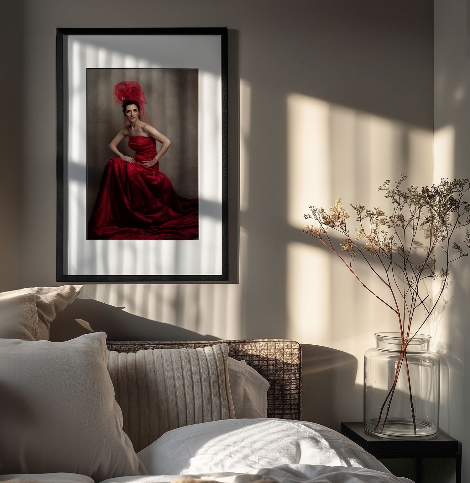 A framed red ball gown portrait hangs above a modern interior with sunlit decor and dried flowers in a vase.