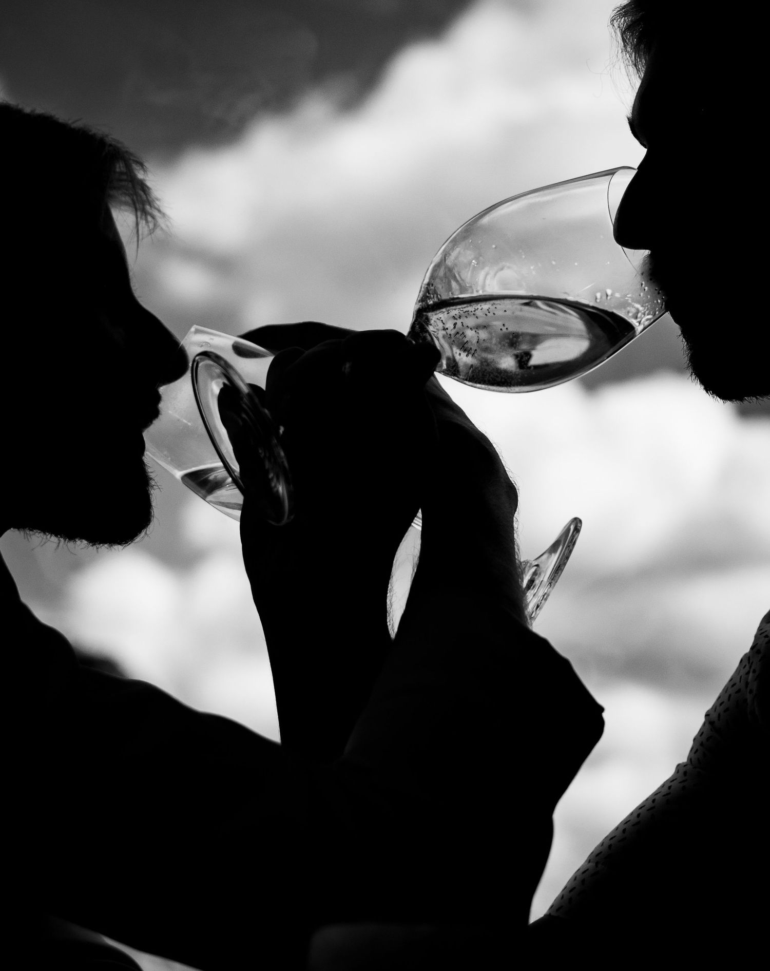 A black and white silhouette series shows people drinking from glasses against a cloudy sky backdrop.