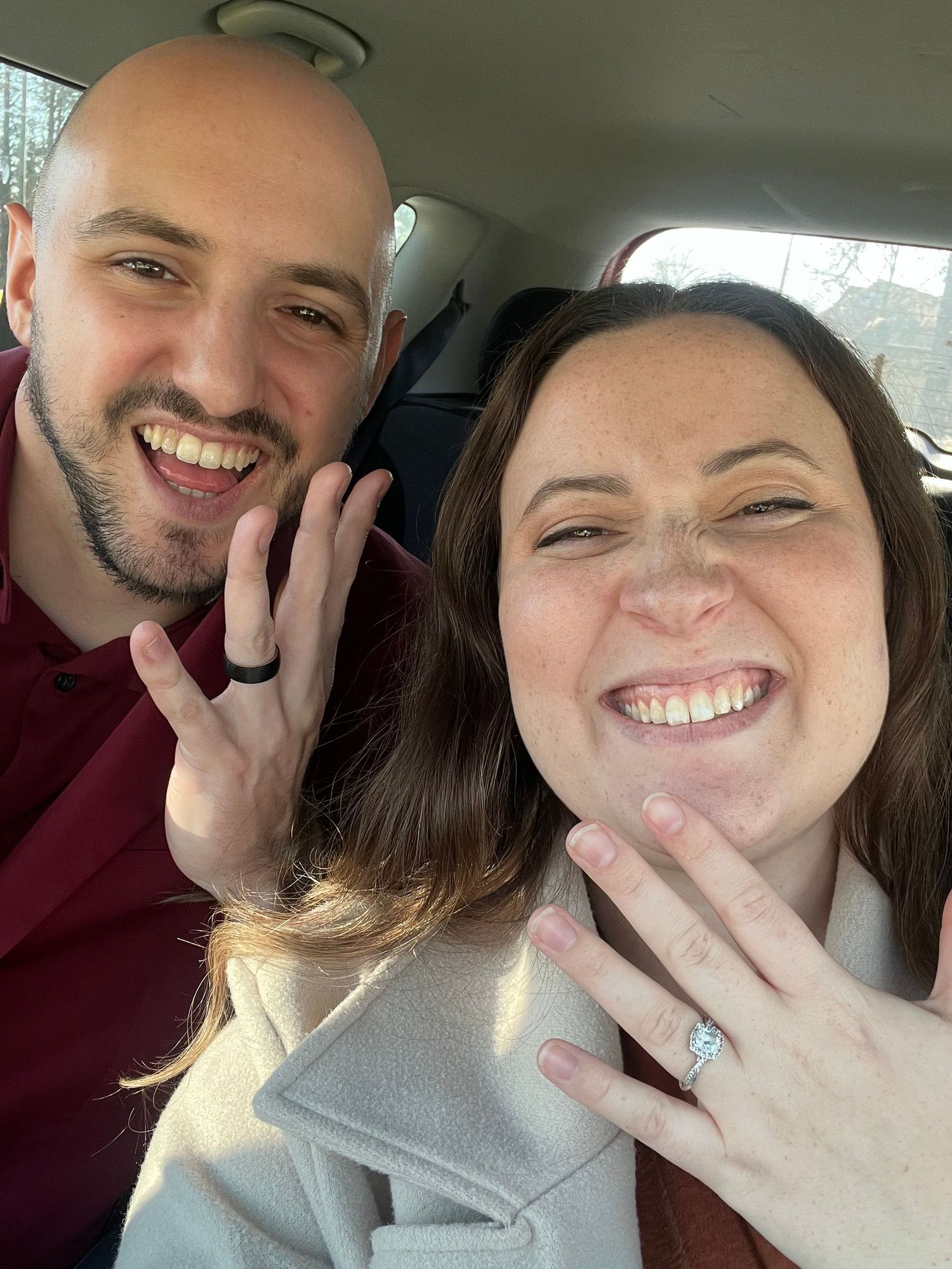 A series of selfies taken inside a car showing happy expressions and candid moments.