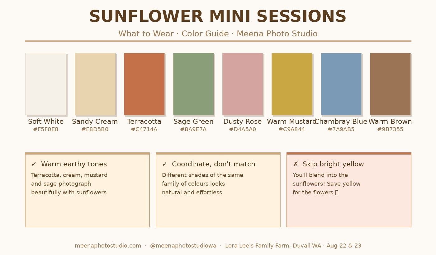 Sunflower Mini Sessions color guide by Meena Photo Studio featuring warm earth tones like terracotta, sage green, and dusty rose.