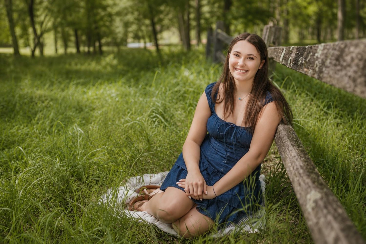 Young woman in blue dress sitting in lush green grass leaning against a wooden fence in a park.