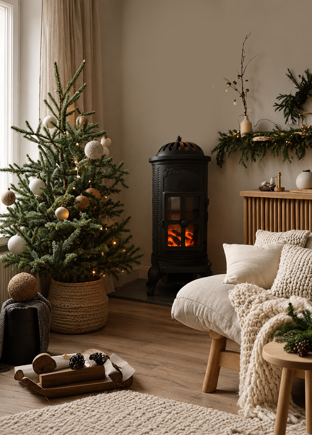 Cozy Scandinavian living room with Christmas tree, black wood stove, knit blanket, and neutral holiday decor.