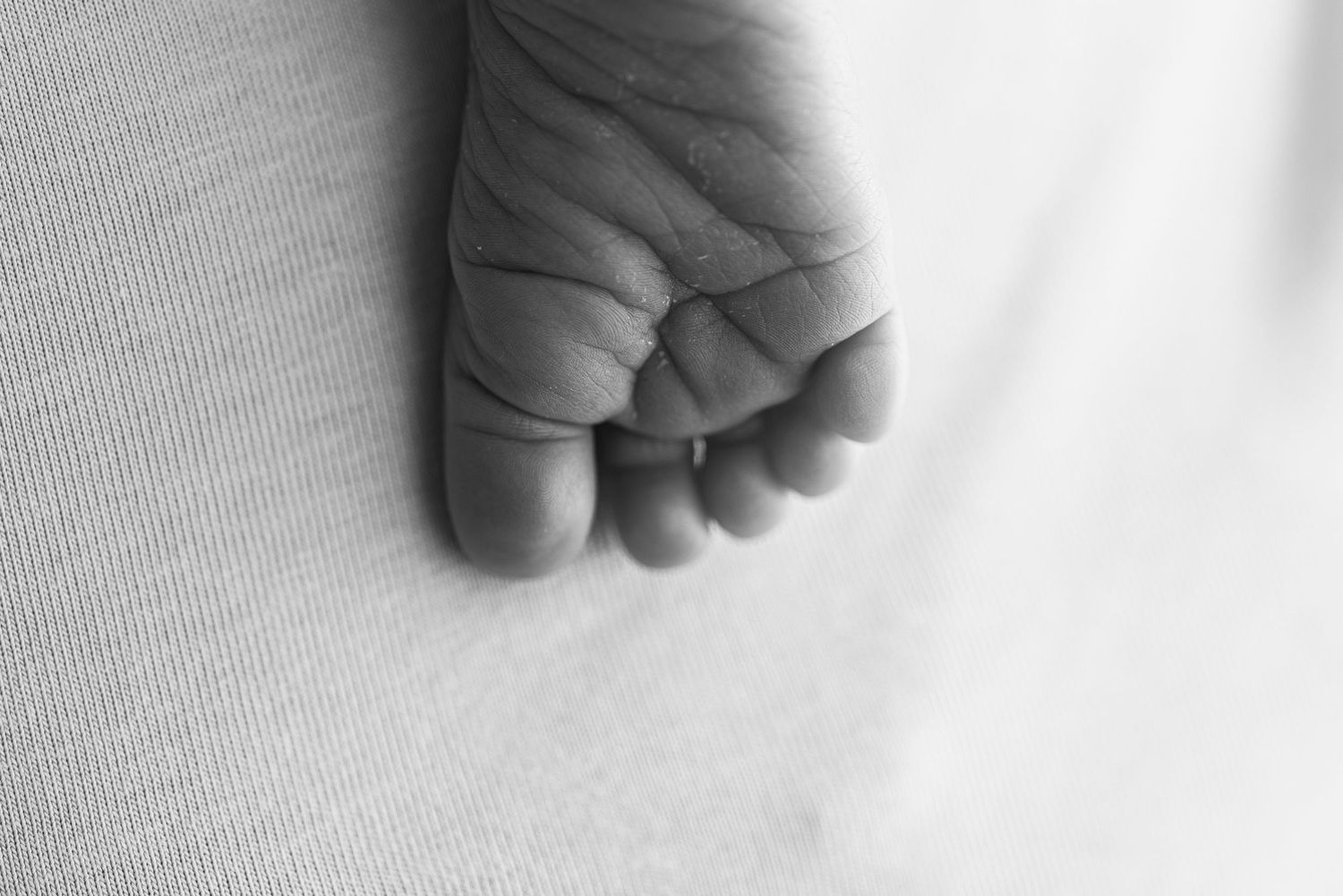 A close-up black and white photograph shows a tiny baby's hand grasping gently against a soft fabric background.