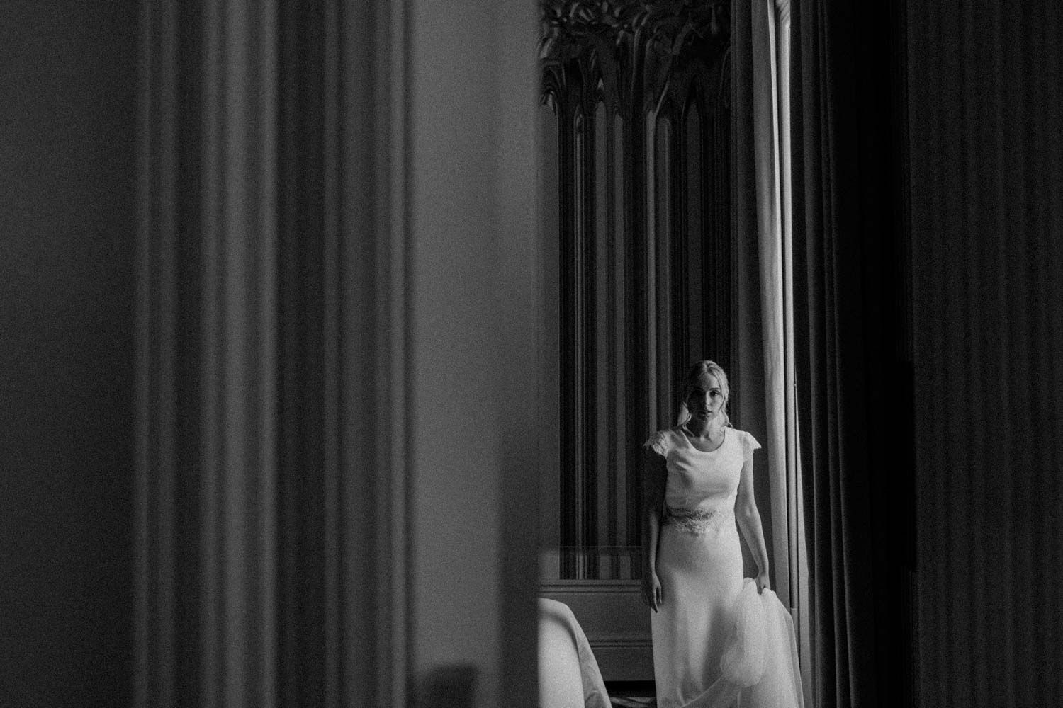 bride portrait through curtains villa foz hotel porto