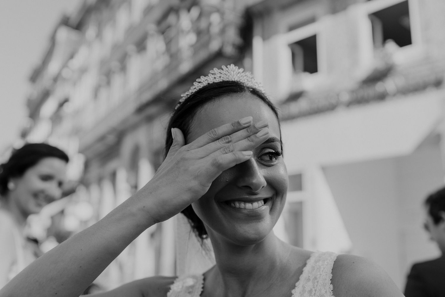 Bride smiling moments before the ceremony in Porto, Portugal – cinematic wedding videography