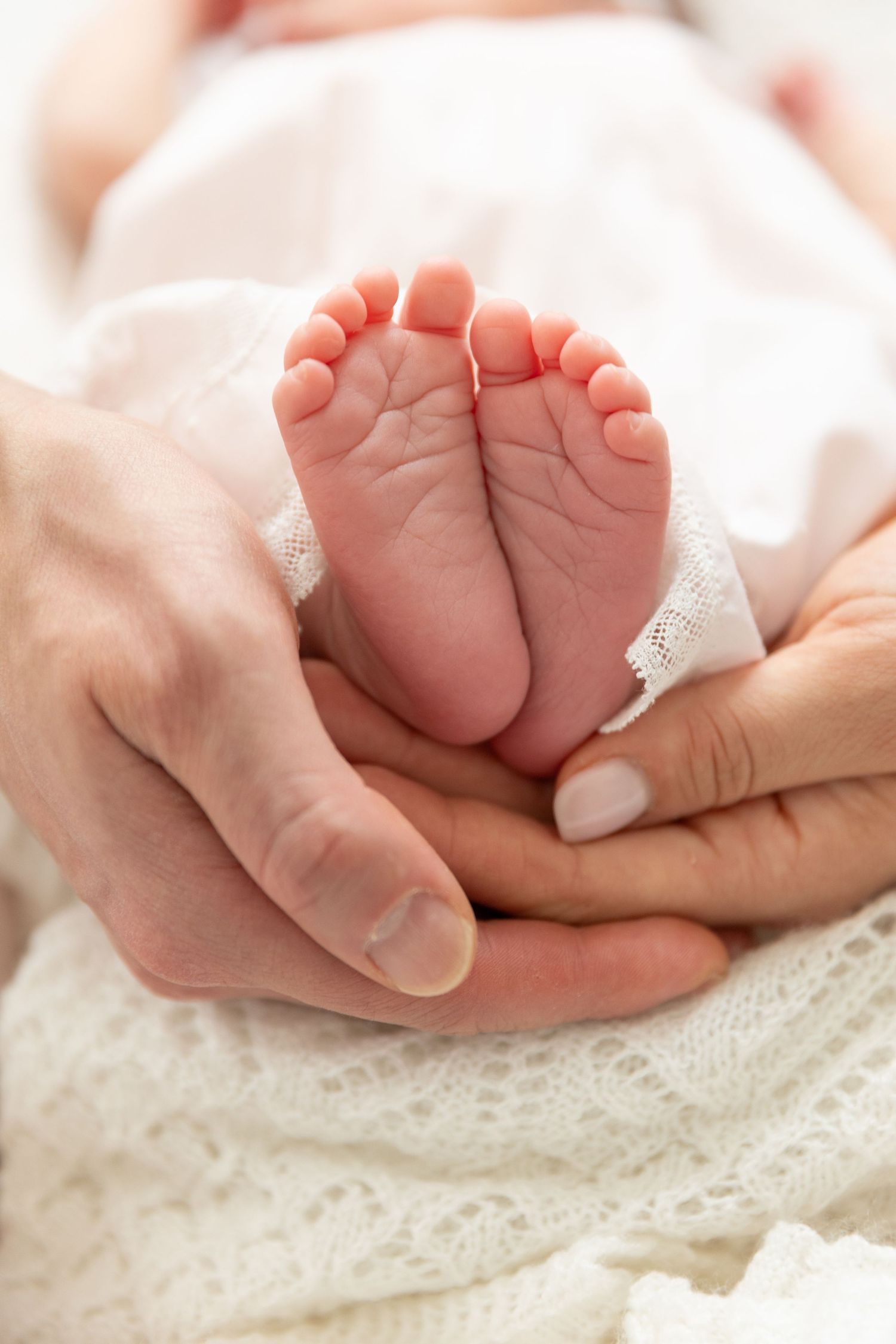 Close-up of two adult hands gently cradling tiny newborn baby feet wrapped in white lace fabric.