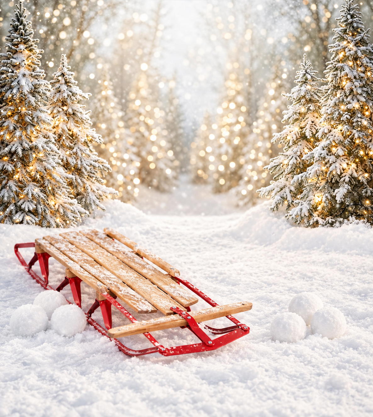 A wooden sled with red runners rests on fresh snow surrounded by snow-covered trees adorned with golden lights.