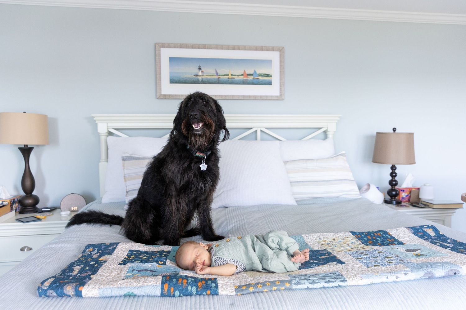A large black dog sits protectively beside a sleeping newborn baby on a patchwork quilt on a bed.
