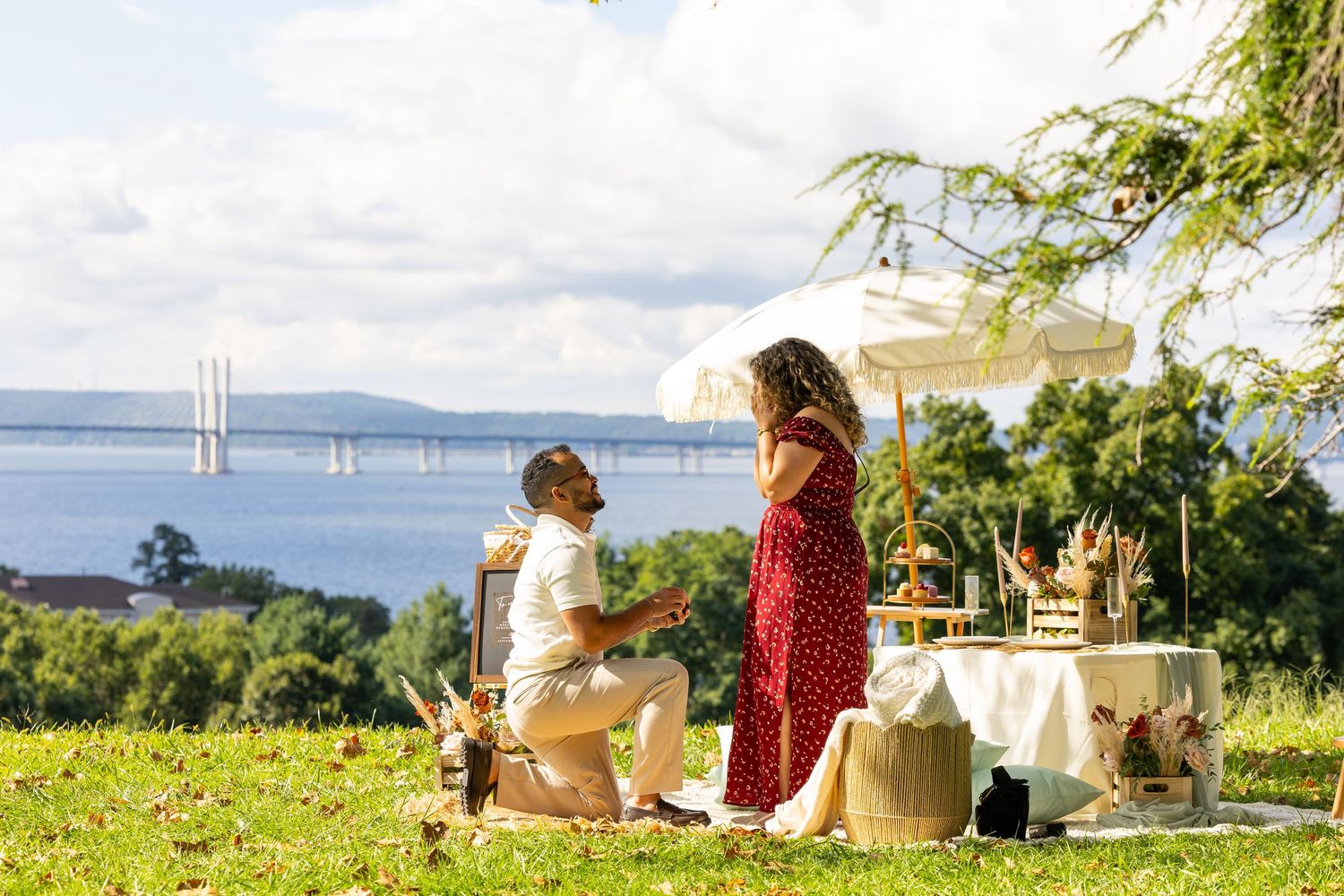 Man proposing on one knee to woman in red dress at scenic outdoor picnic with bridge view.
