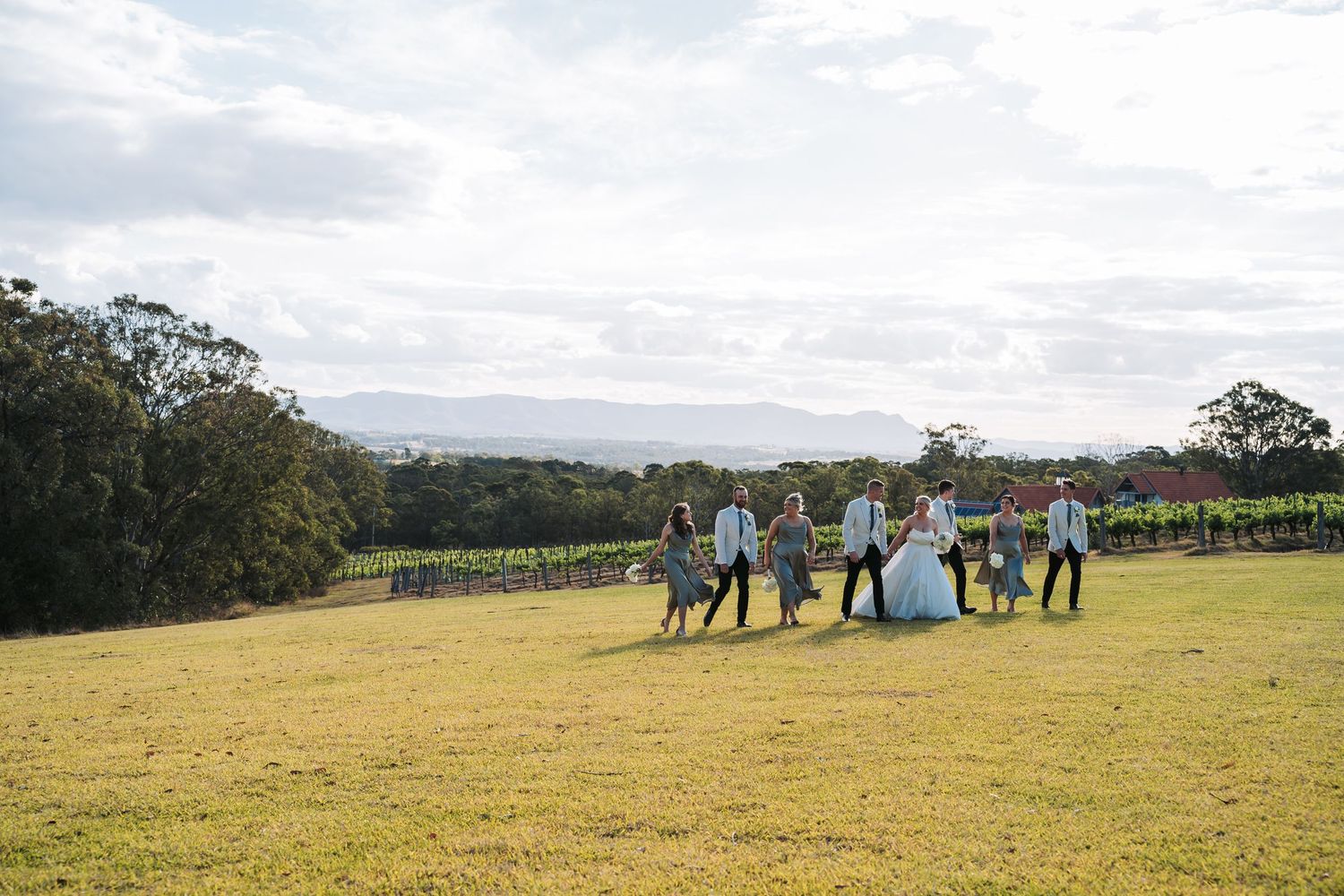 Group walks together across a sunny hilltop meadow with trees and cloudy sky in the background.