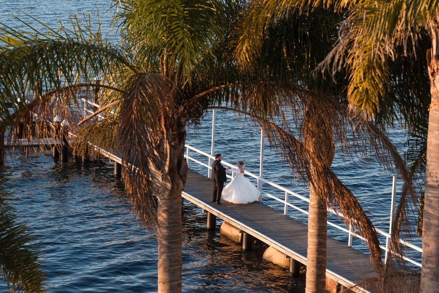 A bride and groom stand on a wooden dock surrounded by palm trees over blue water at golden hour.