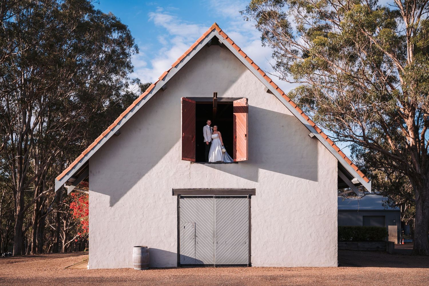 A couple stands in the window of a rustic white barn with eucalyptus trees in the background.