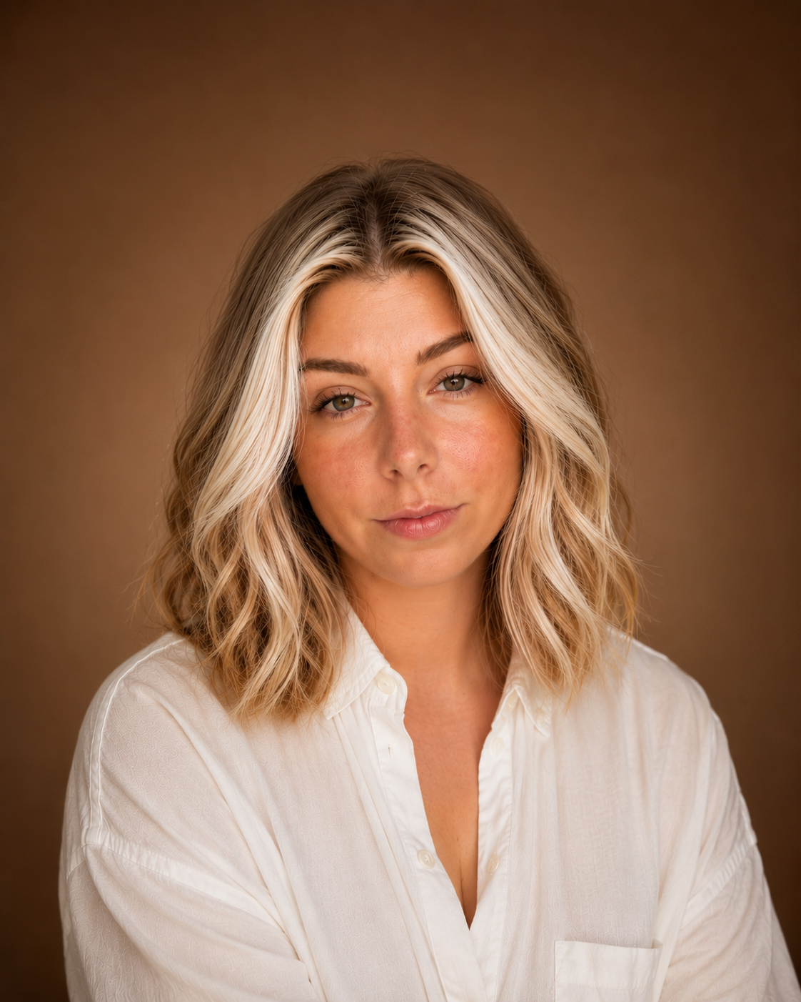 Smiling blonde woman with wavy hair wearing a white button-up shirt against a warm brown studio background.