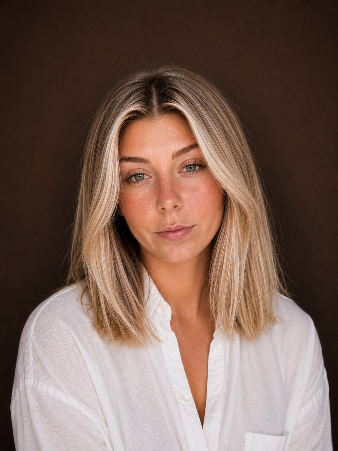 Portrait of a blonde woman in a white shirt against a dark brown background.