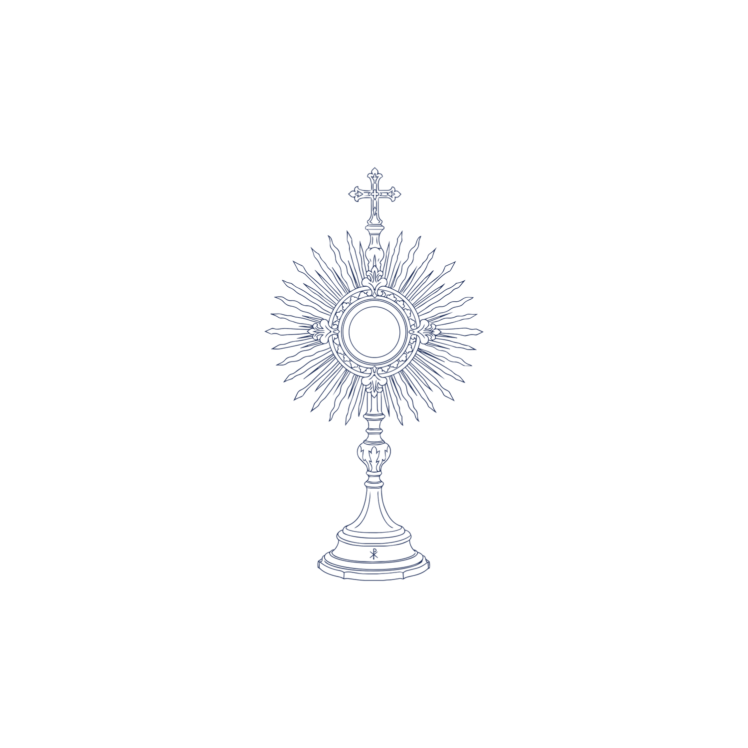 Detailed line drawing of a Catholic monstrance with sunburst rays, ornate stand, and cross on white background.