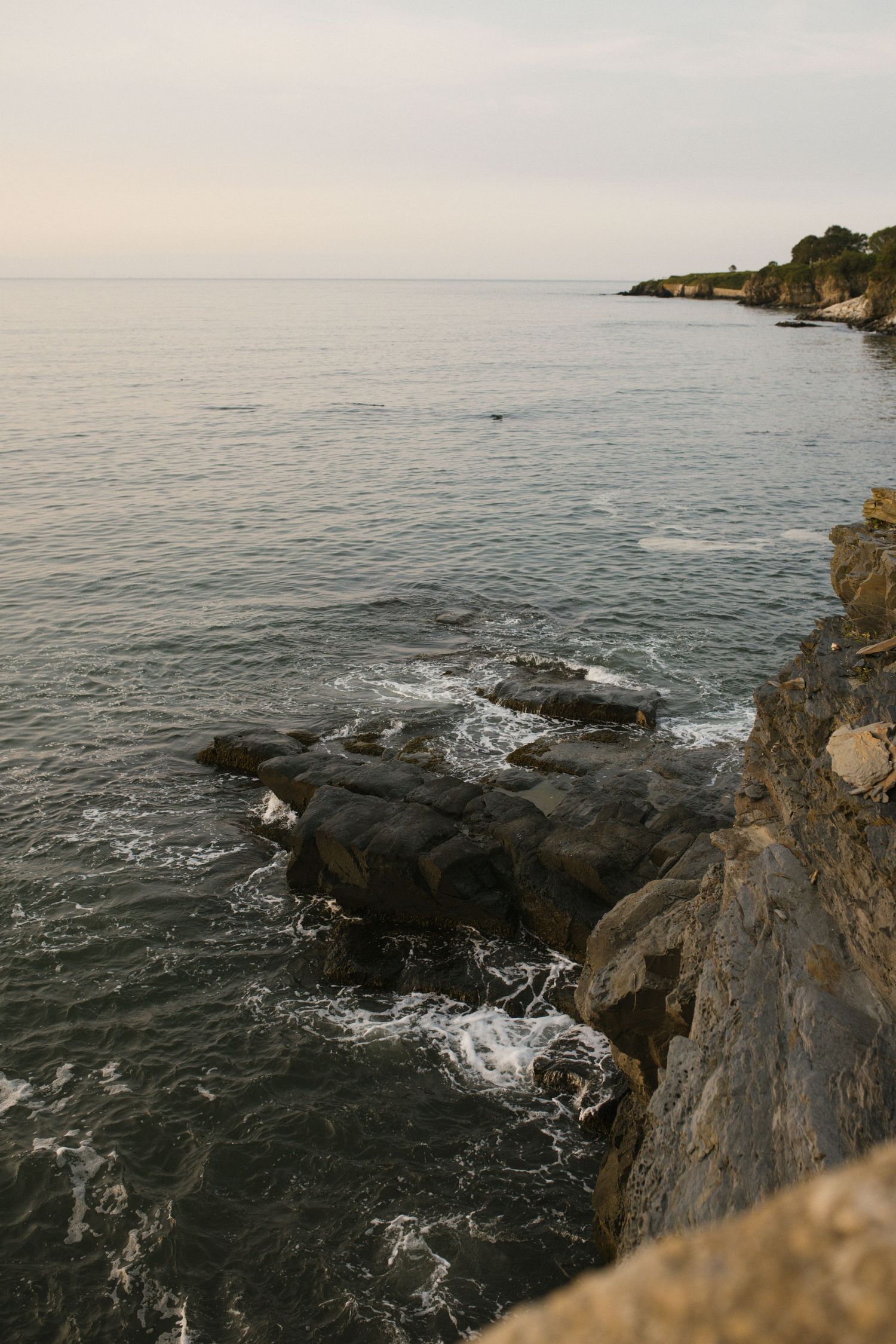 Rocky coastline with waves crashing against dark stones along a serene ocean shore at dusk.