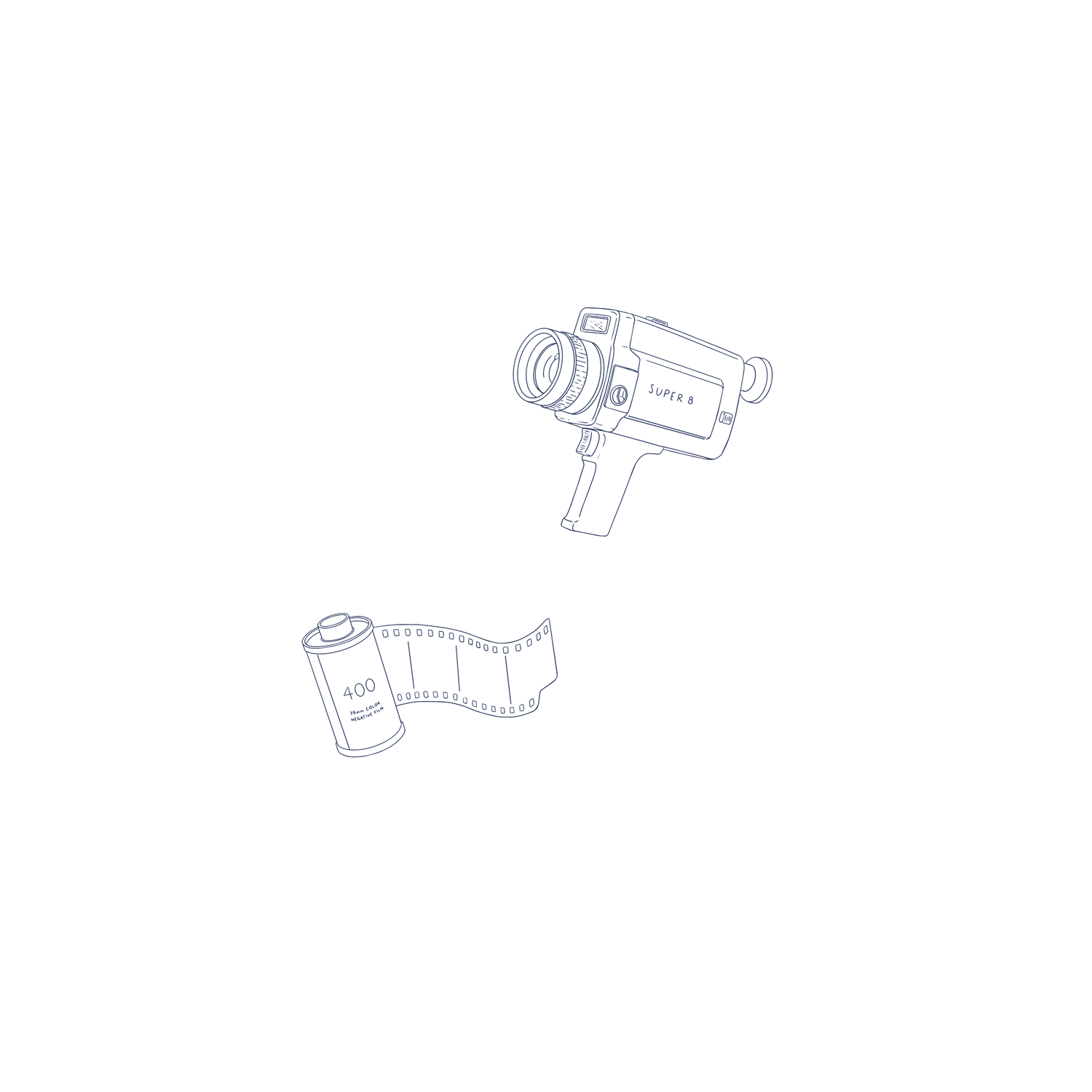 Vintage super 8 film camera with a roll of 35mm film strip, illustrated in minimalist blue outline style.