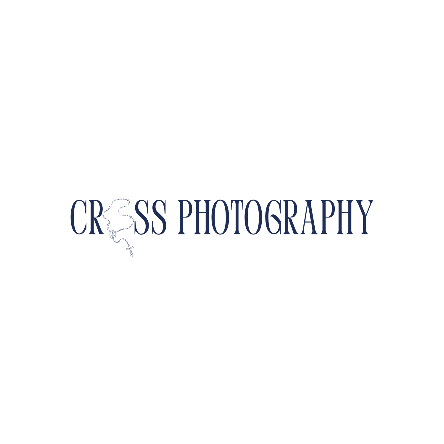 Cross Photography logo featuring elegant navy blue serif text with a decorative bird silhouette replacing the letter O.