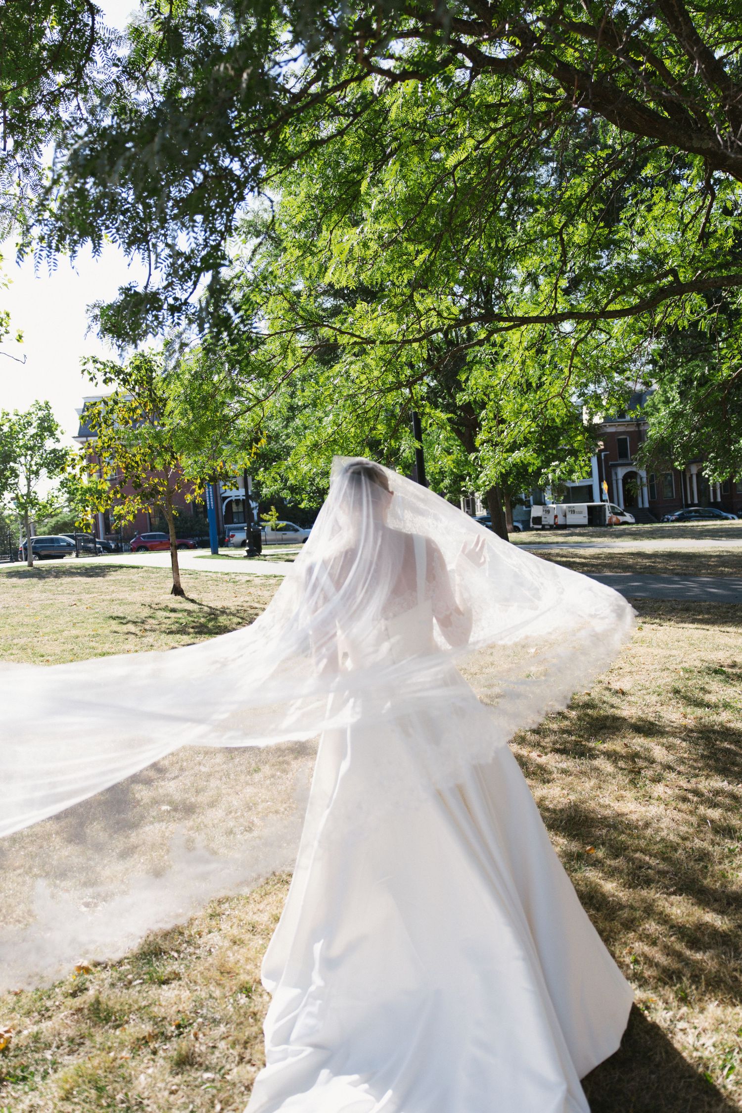 Bride in flowing white wedding gown with long veil billowing in the breeze in a sunlit park.