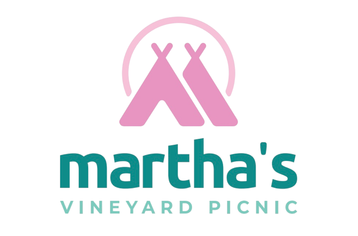 Martha's Vineyard Picnic logo featuring pink teepee tents icon above teal and pink brand name text.