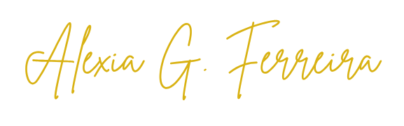 Alexia G. Ferreira cursive signature logo in elegant golden yellow script font on white background.