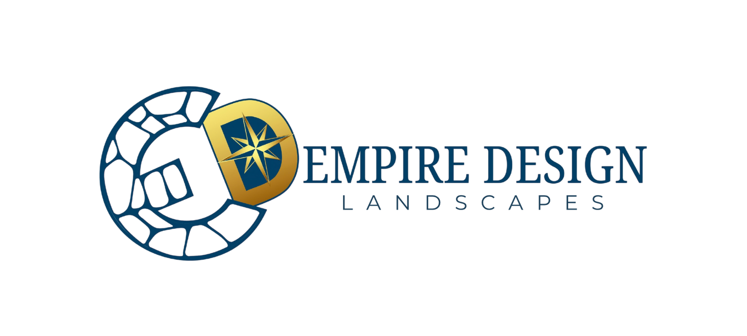 Empire Design Landscapes logo featuring a compass rose emblem inside a stone circle with bold blue and gold typography.