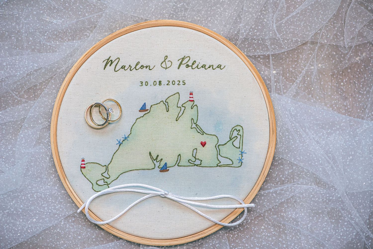 Embroidered hoop wedding ring holder with map design and names Marton and Patiana dated 30.08.2023.