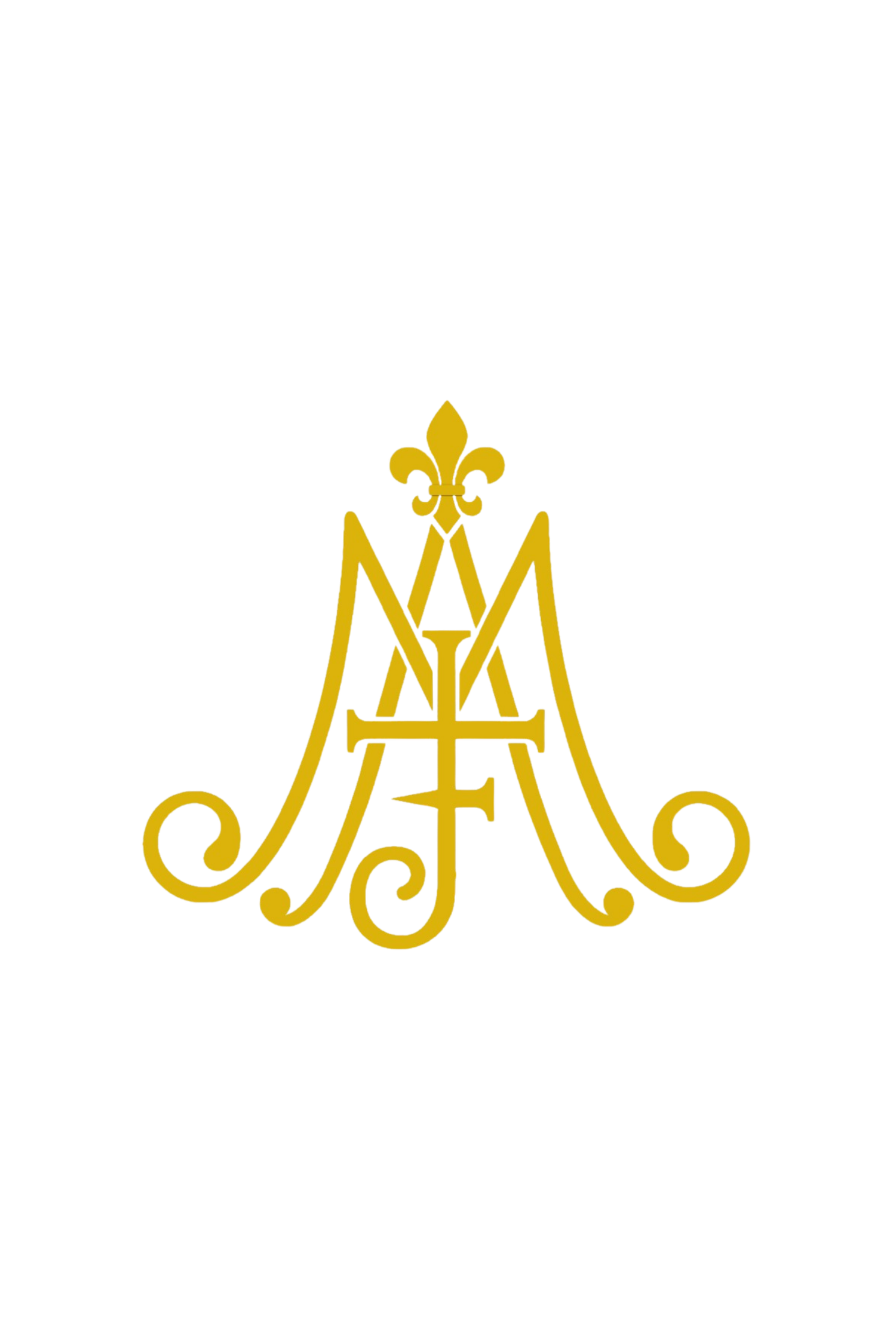 Gold Marian monogram symbol with fleur-de-lis on white background.