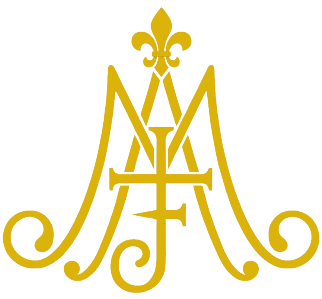 Gold ornate Marian monogram with fleur-de-lis symbol on white background.