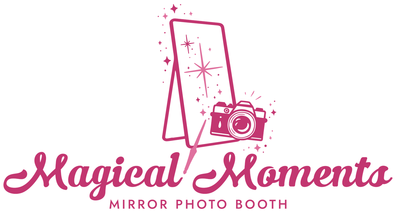 Magical Moments Mirror Photo Booth logo featuring a pink mirror, camera, and sparkles with elegant script typography.