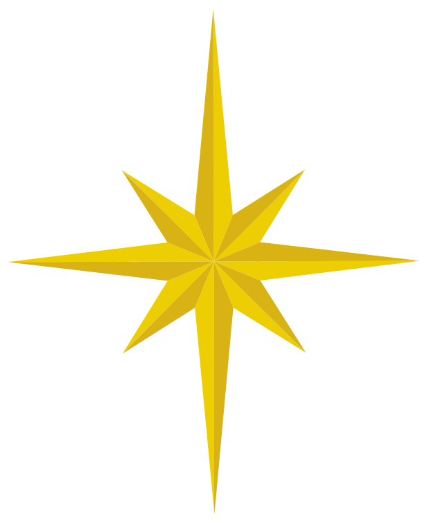 Golden eight-pointed compass star with 3D shading effect on white background.