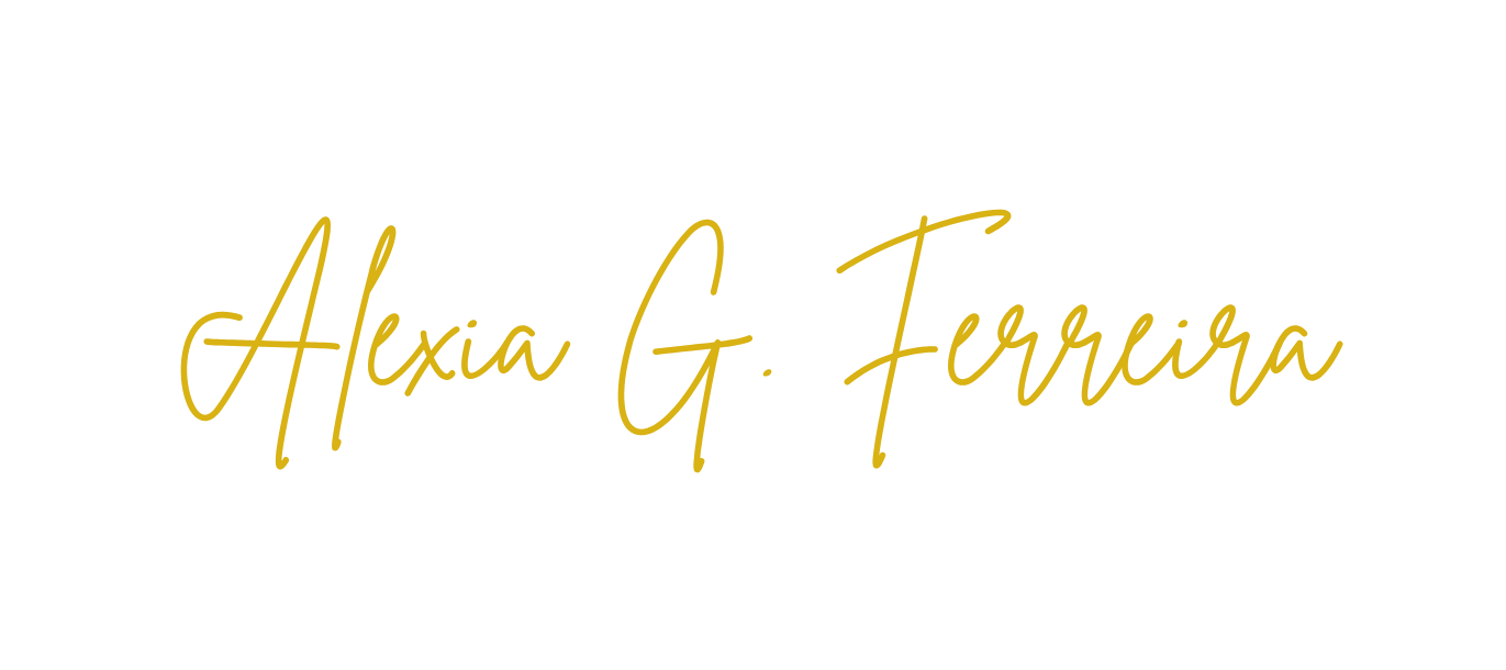 Alexia G. Ferreira elegant cursive signature in golden yellow script on white background.