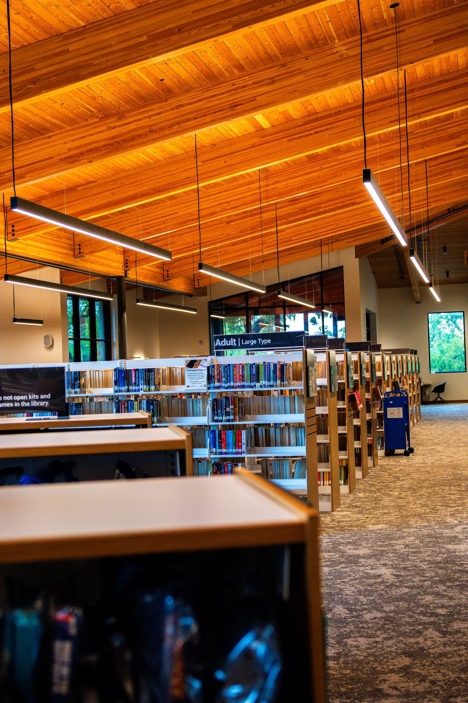 Modern library interior with wooden ceiling, pendant lights, and rows of bookshelves in the Adults Large Type section.