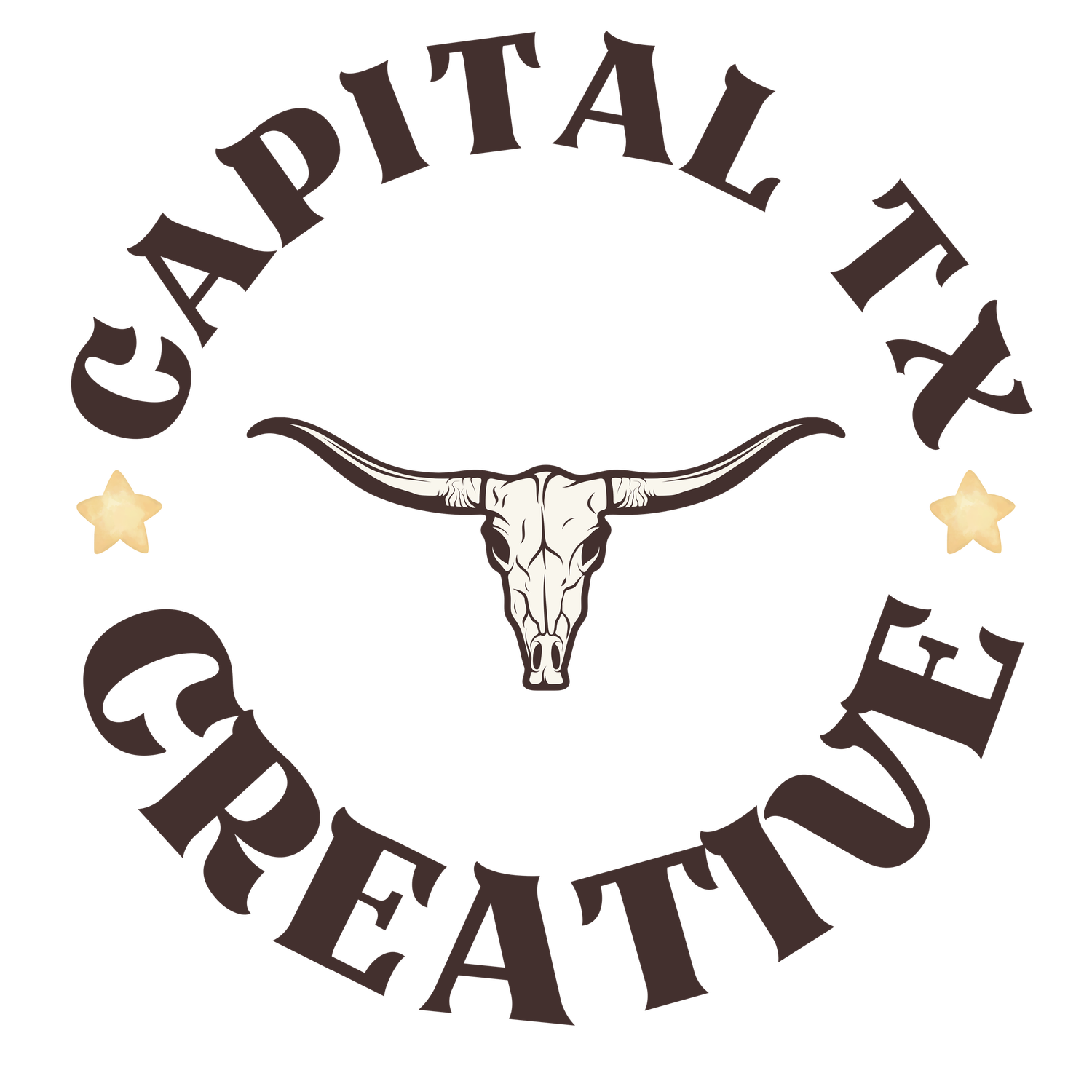 Capital Texas Creative circular logo featuring a longhorn skull with decorative stars in brown and gold.