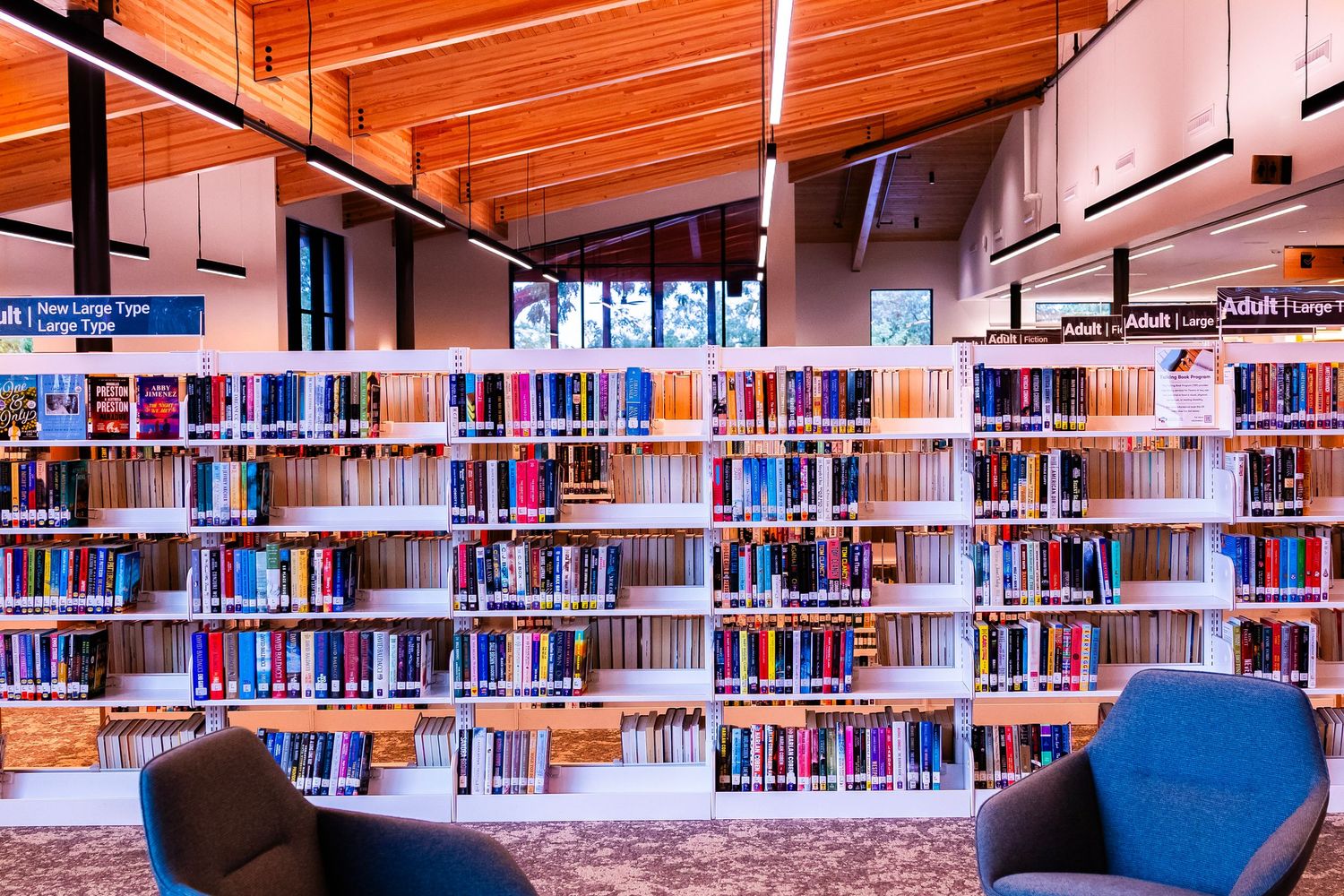 Modern library interior featuring colorful bookshelves filled with books, blue chairs, and a warm wood-paneled ceiling.