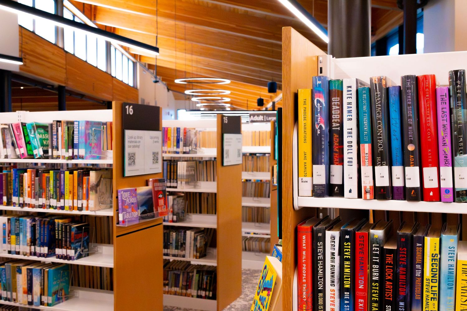 Modern library interior with colorful books on shelves, wooden fixtures, and bright lighting in an organized reading space.