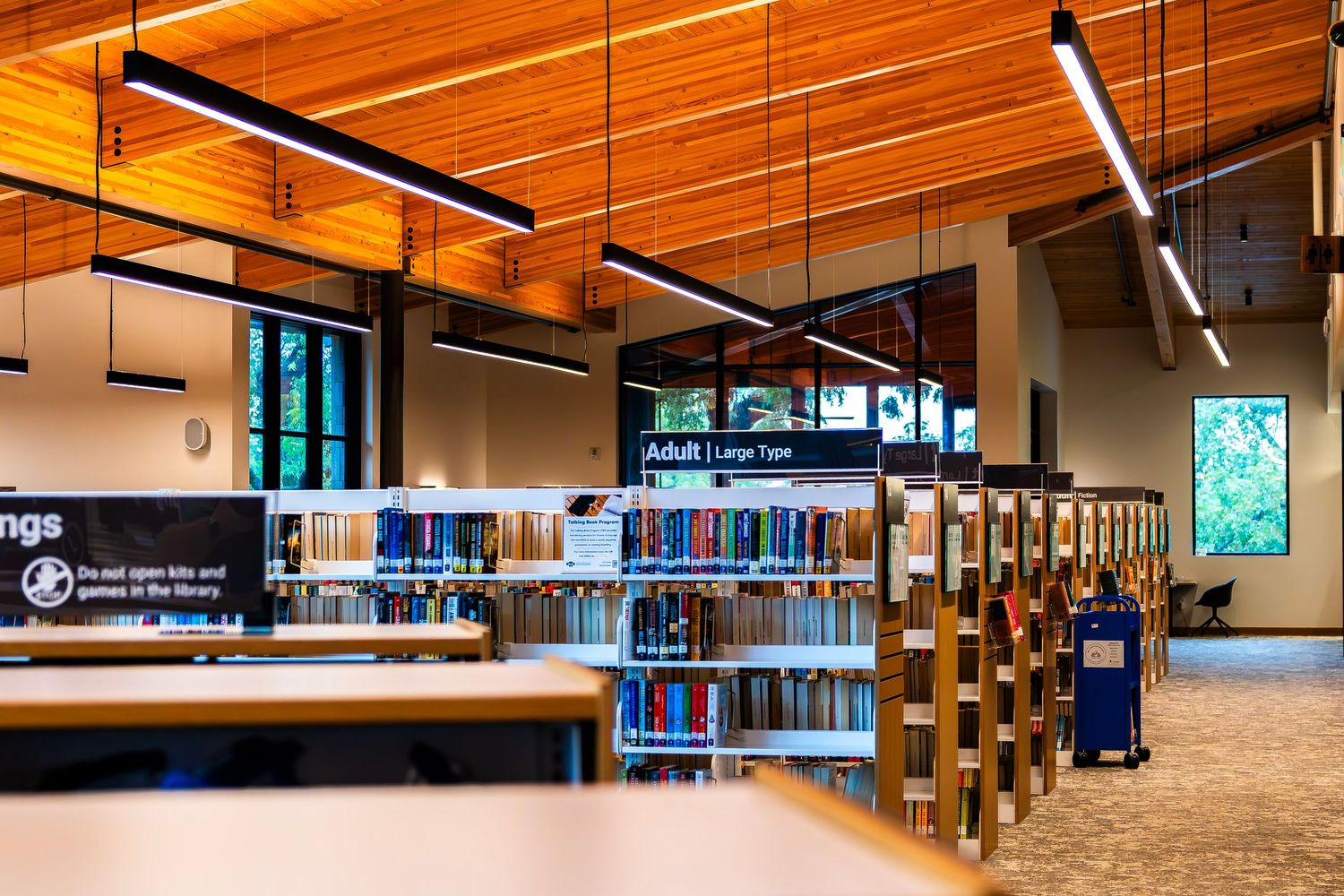 Modern library interior with wooden ceiling, fluorescent lights, and bookshelves in the Adult Large Type section.