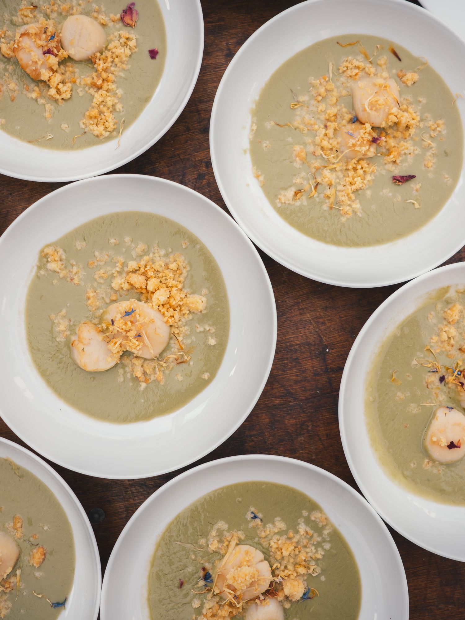 Six white bowls of creamy green soup topped with seared scallops and golden breadcrumbs on a wooden table.