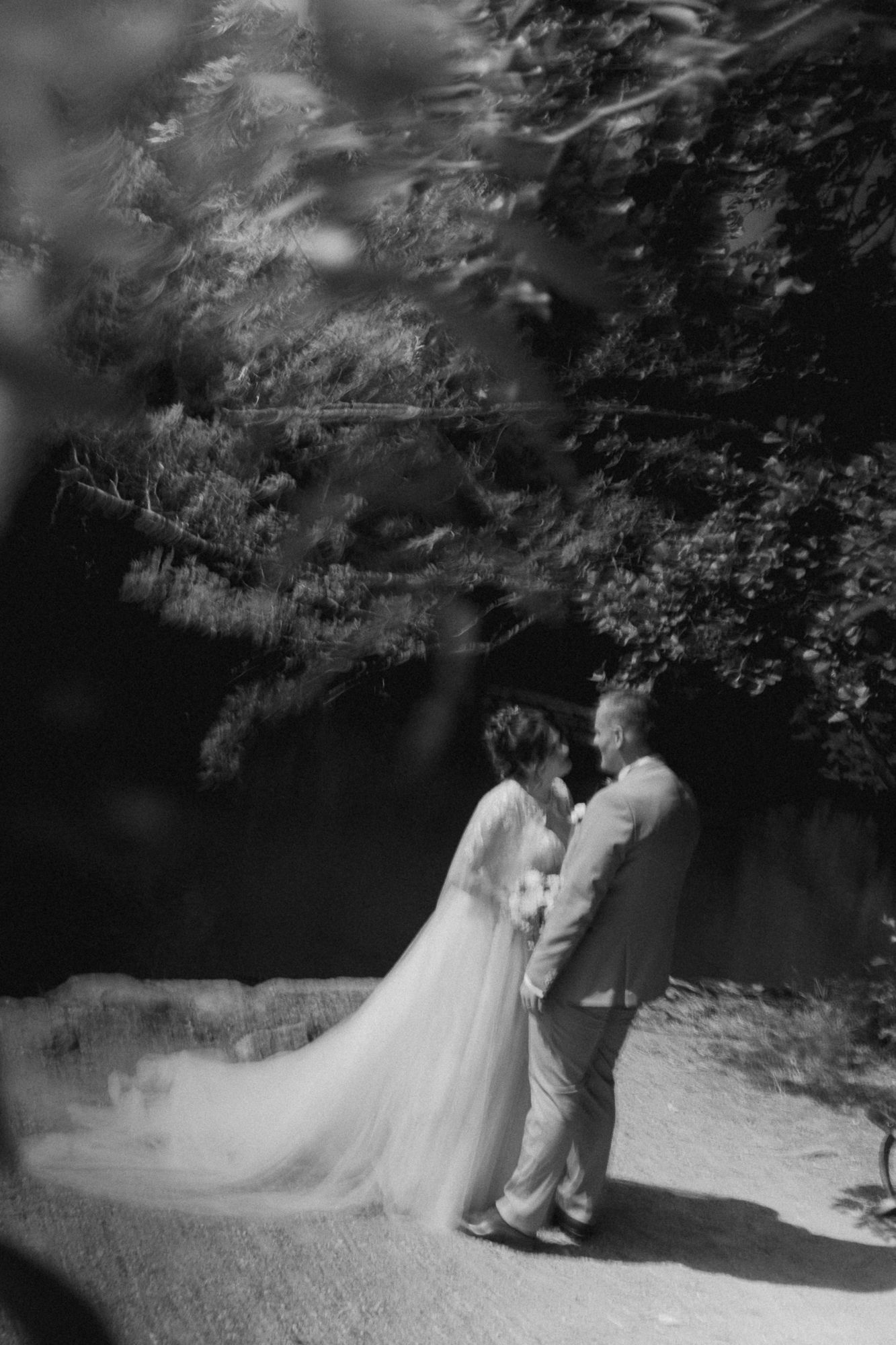 Black and white wedding photo of bride and groom sharing a romantic moment outdoors under lush trees.