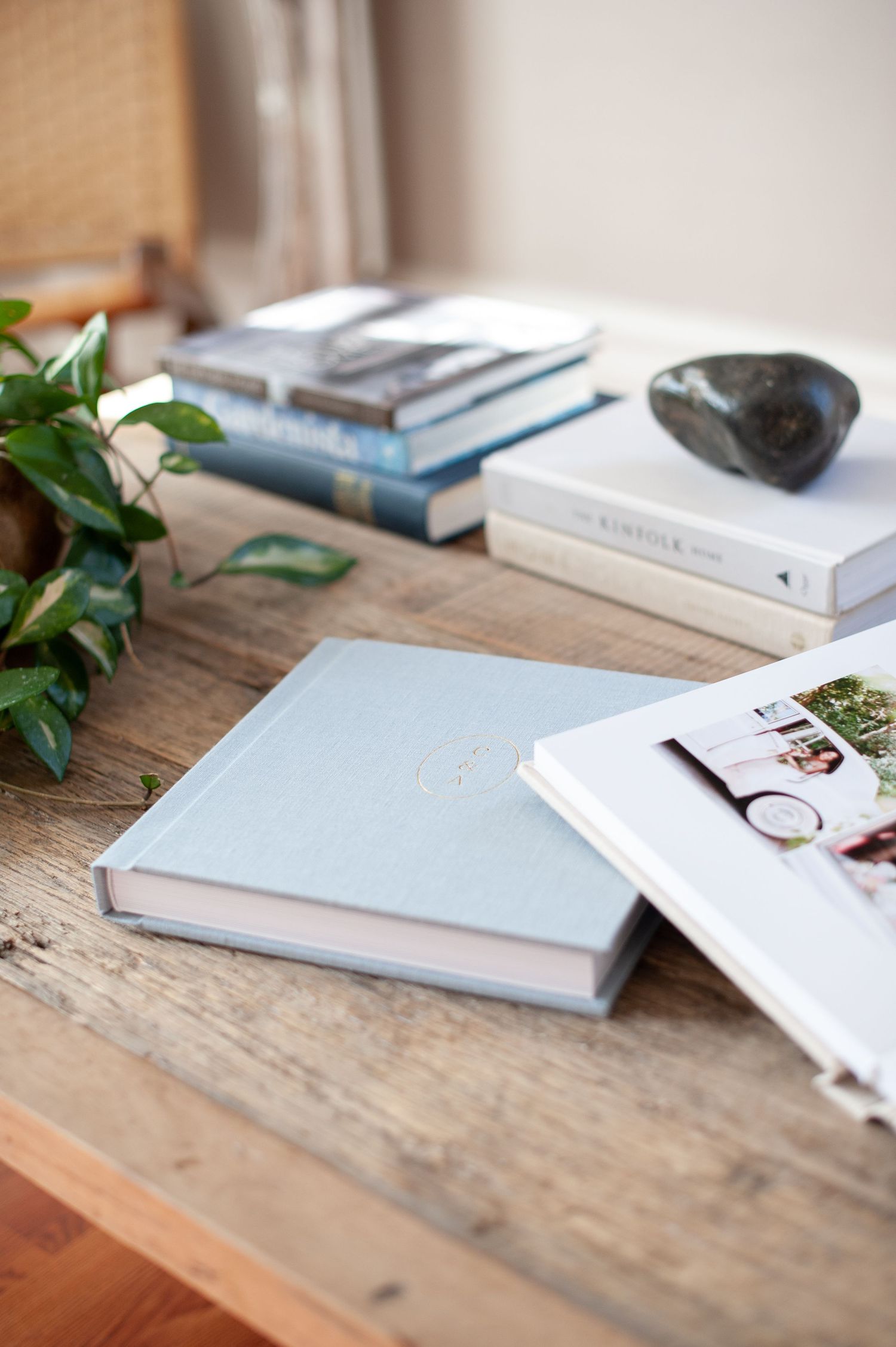Books and magazines arranged on rustic wooden table with green plant decor creating minimal aesthetic composition.