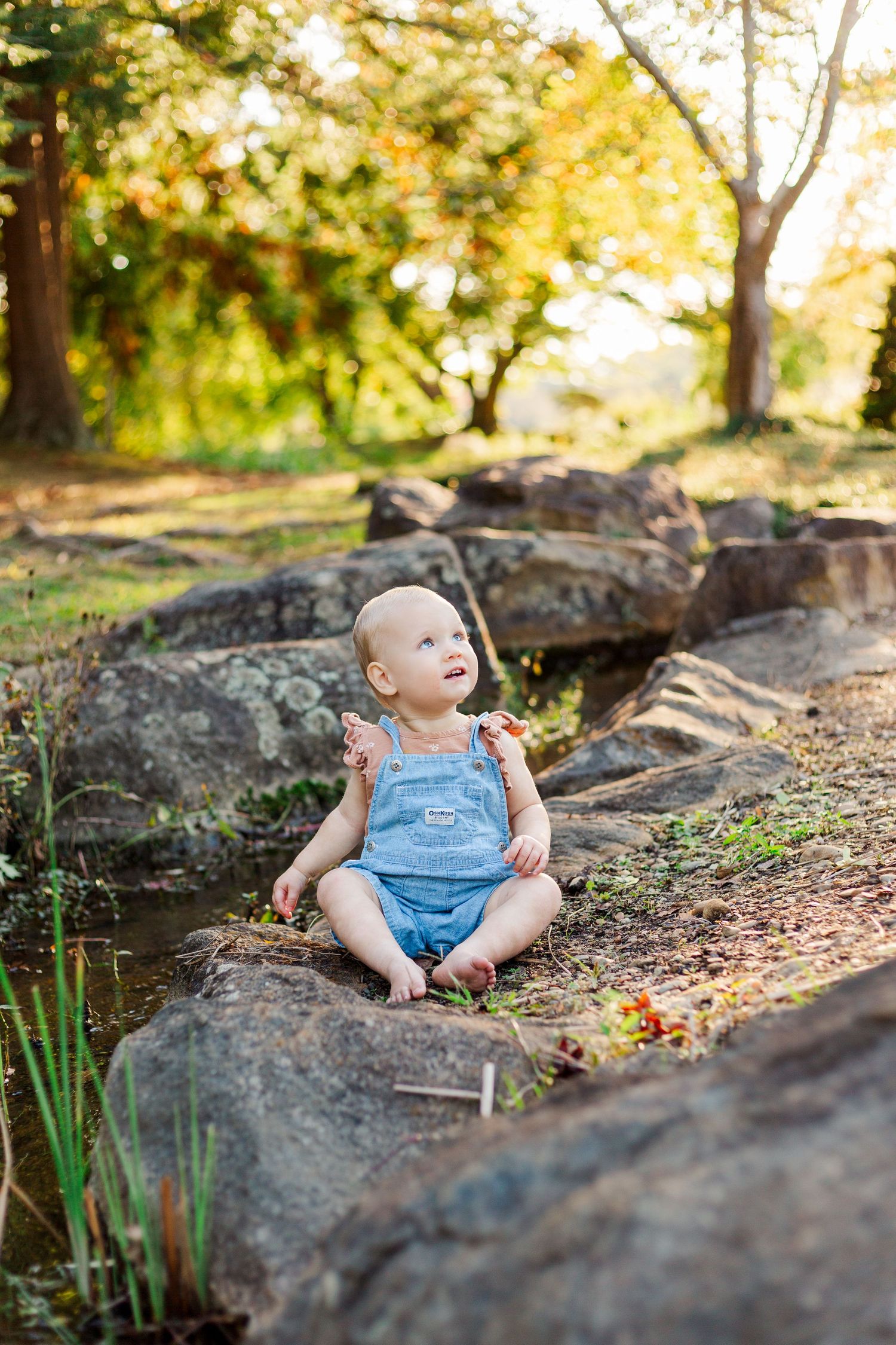 Baby in blue romper sits on natural rock formation in autumn forest setting during golden hour.