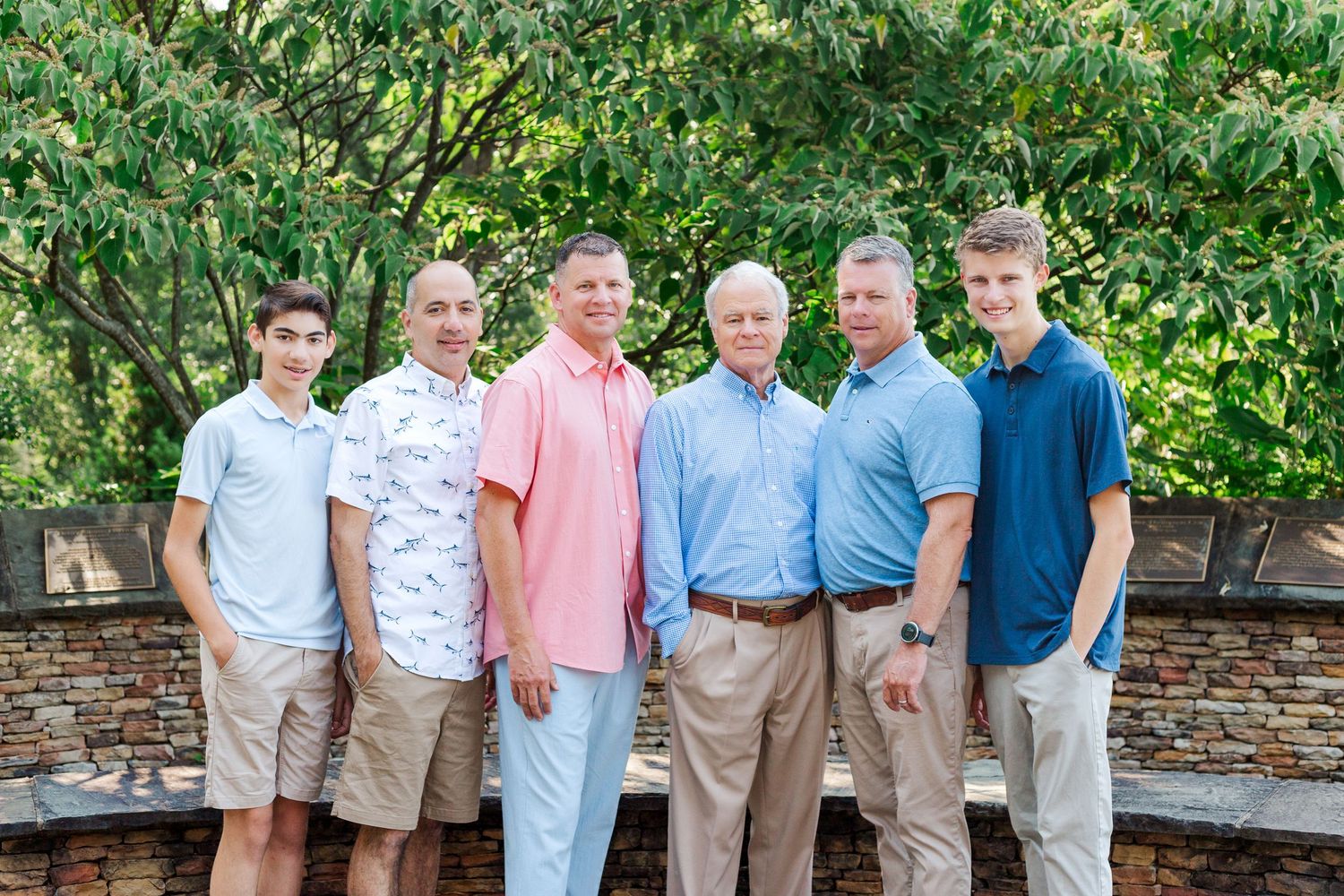 Extended family photos showcasing coordinated pastel and blue outfits at the Botanical Gardens in Clemson, SC