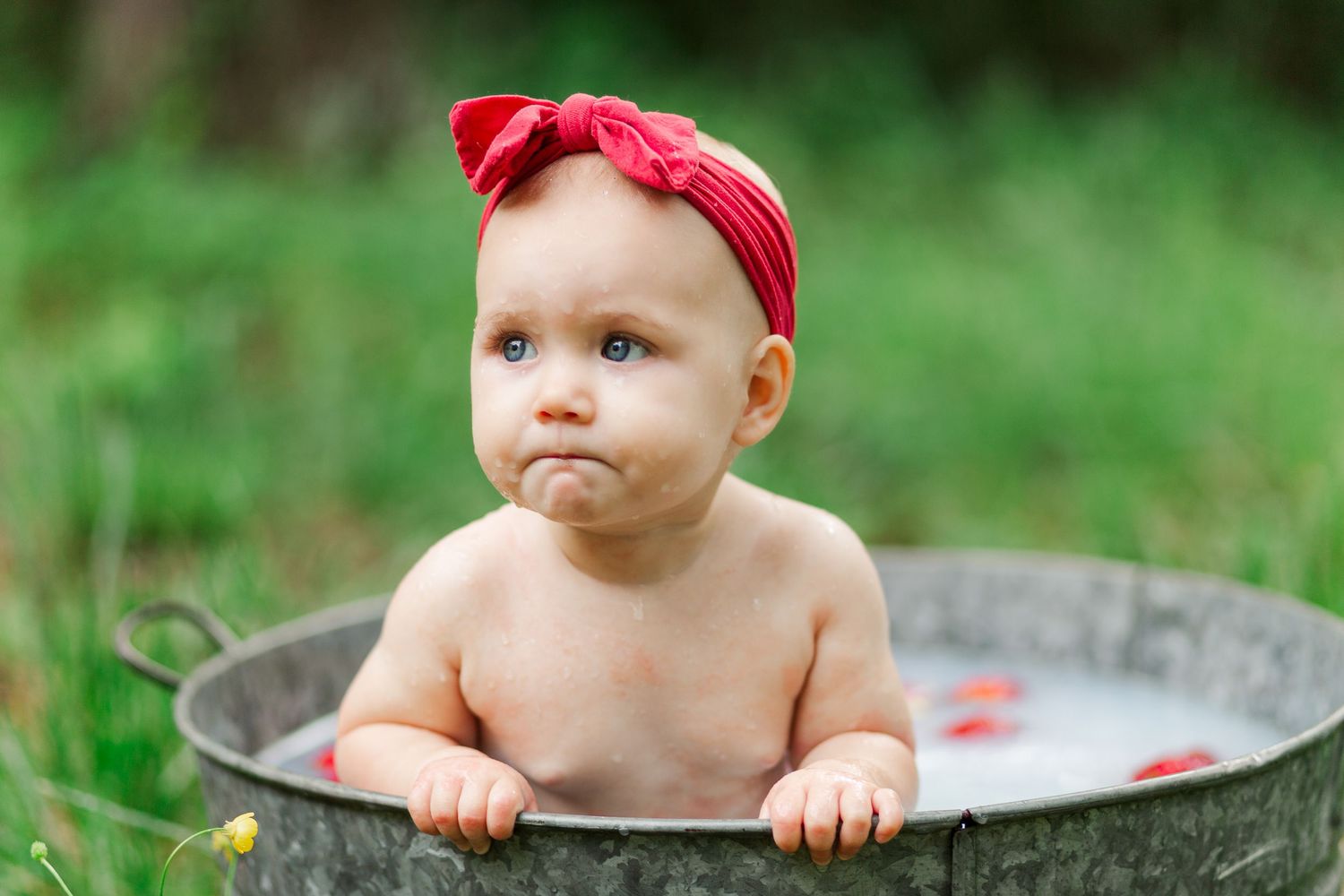 Baby wearing red headband sits in round metal basin outdoors on green grass in Greenville, SC for milestone session