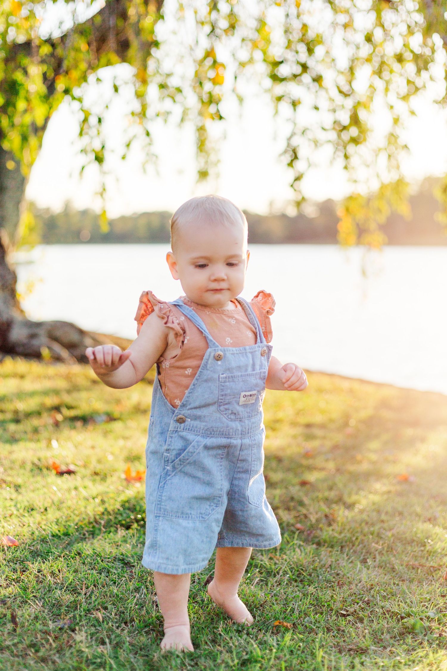A toddler in denim overalls takes first steps on grass by a lake during golden hour.