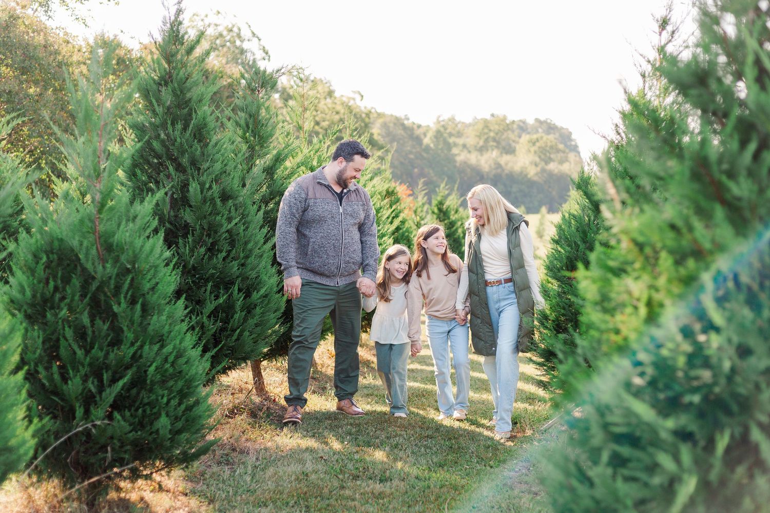 Family walking together through a Christmas tree farm for Christmas photos in Greenville, SC